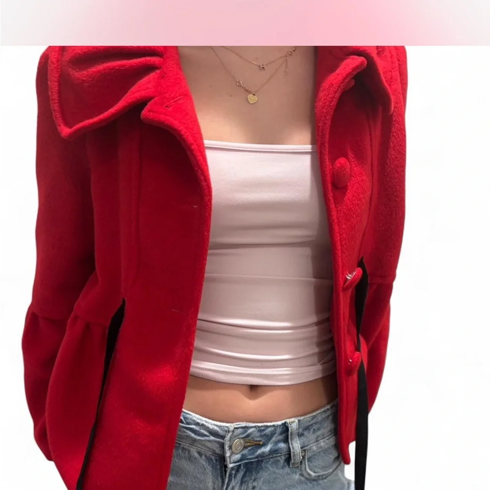 Vintage Red Peplum‎ Coat Jacket Velvet Bow Detail Romantic Statement Size S